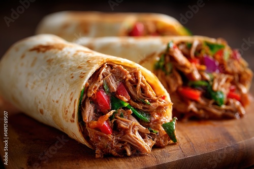 Delicious pulled pork burrito recipe with fresh vegetables and flavorful sauce on a wooden cutting board