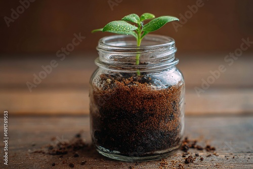 Growing plant in jar concept idea for nature and environment conservation with green leaves and soil