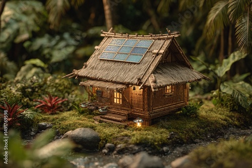 Solar powered tiny house in jungle eco friendly living sustainable architecture renewable energy miniature model