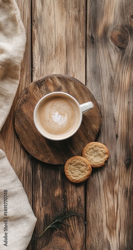 Overhead view of a latte with latte art in a white mug on a wooden coaster, accompanied by two small cookies and a linen cloth on a rustic wooden surface Overhead view of a latte with latte art in a white mug on a wooden coaster, accompanied by two small cookies and a linen cloth on a rustic wooden surface