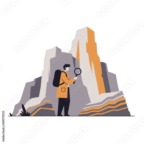 Pixelated Explorer Examining Mountain Rocks