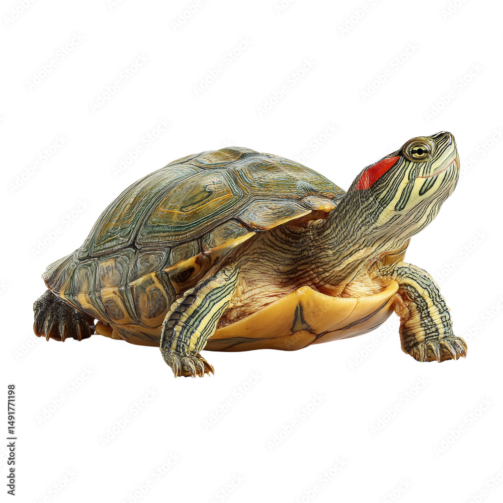 Obraz premium Vibrant Red-Eared Slider Turtle in Detail on a white background.