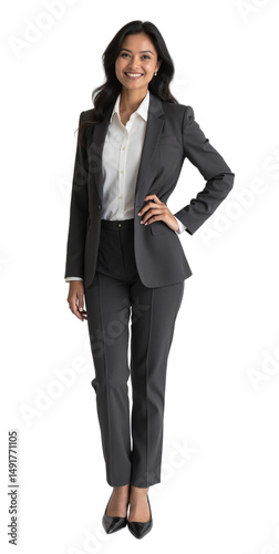Photorealistic full-body portrait of a South Asian woman in her early 40s wearing a dark gray business suit on a white studio backdrop, Isolated on transparent background. Ideal for corporate,