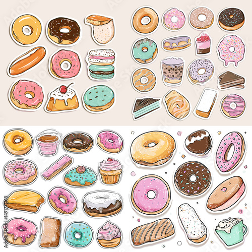 Colorful hand-drawn donuts and pastries in various icing styles with sprinkles, glazes, and cartoon-like presentation. Perfect for sweets-themed design.

