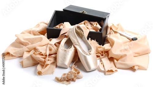 A studio shot presents ballet shoes with ribbons spilling from a black box amidst fabric on white. Soft lighting highlights textures