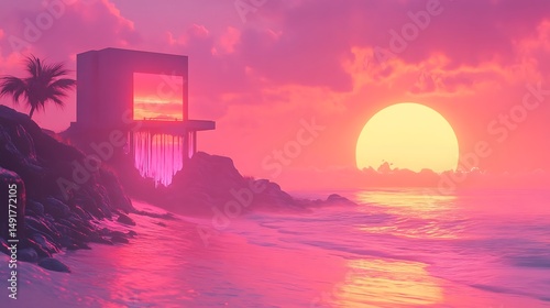 Pink sunset seaside landscape