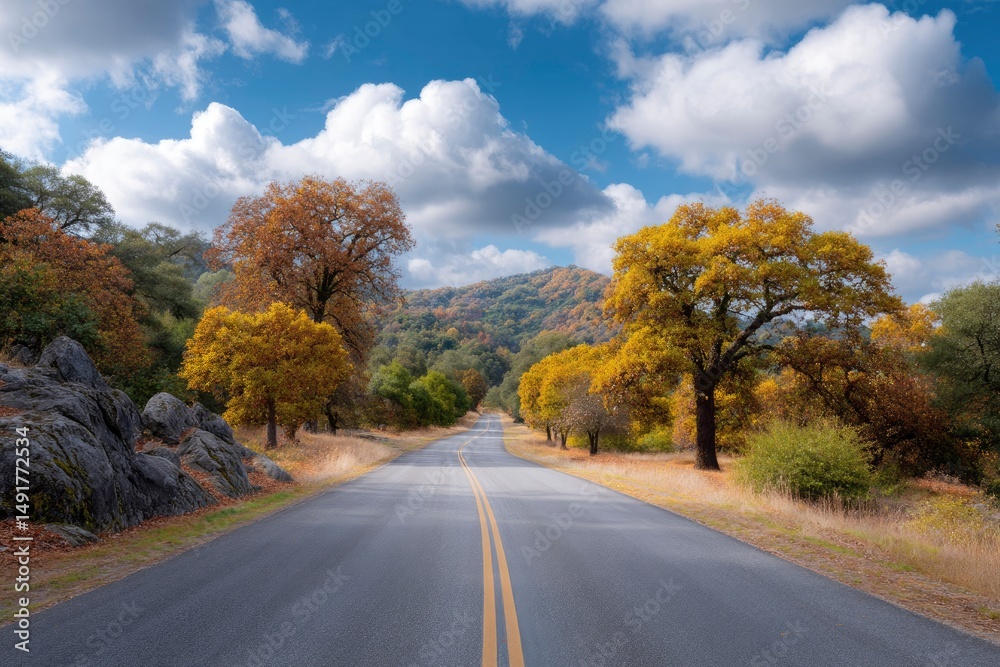 Driving on Road Through Fall Foliage with Cloudy Sky Driving on Road Through Fall Foliage with Cloudy Sky