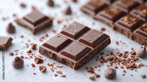 Dark chocolate bar pieces and chips photo