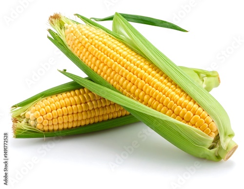 Close up of two ripe corn cobs on a white surface with green husks.  The focus is on the yellow kernels