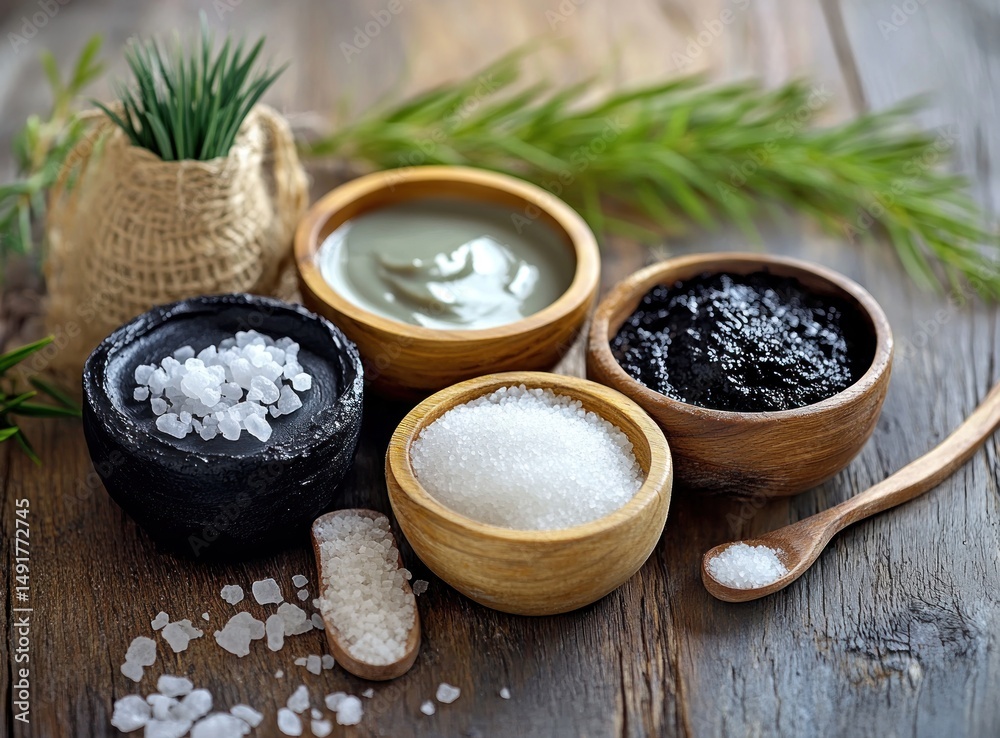 Spa treatment ingredients clay masks, sea salt, wooden bowls. Spa treatment ingredients clay masks, sea salt, wooden bowls.