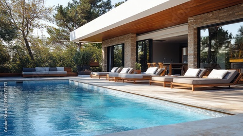 Wallpaper Mural Modern villa poolside luxury; sun-drenched patio, tranquil pines Torontodigital.ca