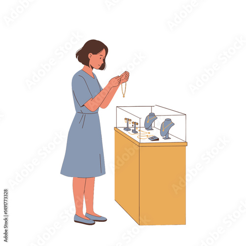 Woman Examining Jewelry In Display Case