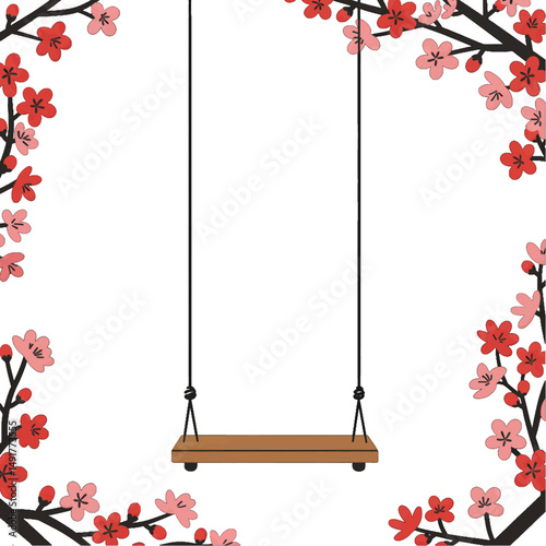 Empty Wooden Swing Framed By Cherry Blossom Branches