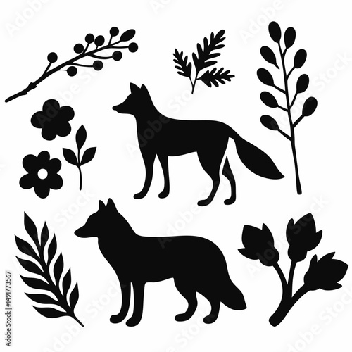 A black vector illustration collection shows a silhouette of a wild fox, alongside a fox and dog, as well as a fox vector animal icon