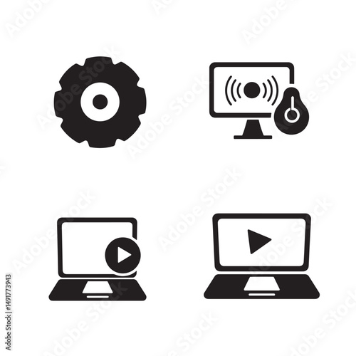 Set of black and white technology and media icons representing settings connectivity and playback