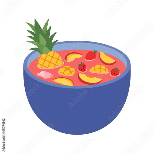 Colorful Tropical Fruit Salad In Blue Bowl