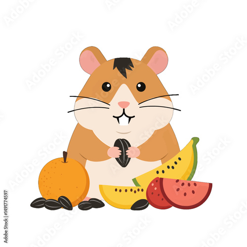 Cute Hamster Eating Fruit and Seeds