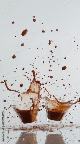 Two clear glasses collide, sending dark brown liquid splashing dramatically, droplets suspended mid-air against a white backdrop; reflective surface shows minor spillage
