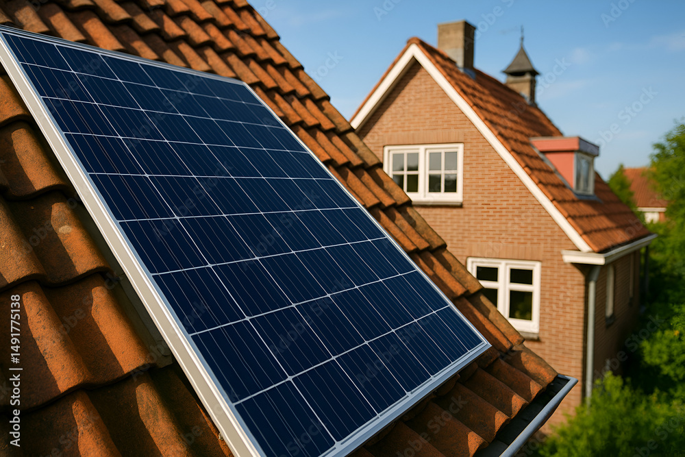 Fototapeta premium Rooftop Solar Panel Installation: Clean Energy Solution