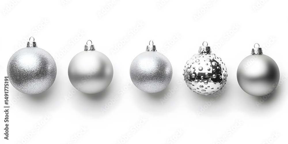 Silver christmas ornaments in a row against white background Silver christmas ornaments in a row against white background