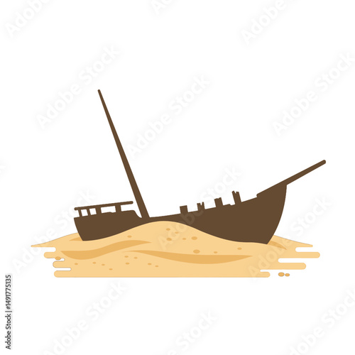 Simple Illustration Of A Brown Shipwreck On A Sandbar
