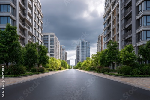 Street View of Modern Buildings and Green Trees on Cloudy Day