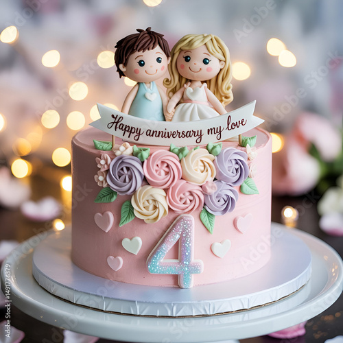 Romantic 4th Anniversary Cake with Couple Figurines