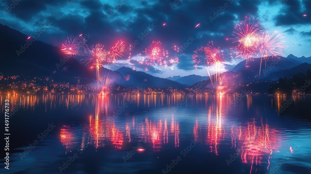 Naklejka premium A vibrant array of New Yeara??s fireworks reflecting off a calm lake