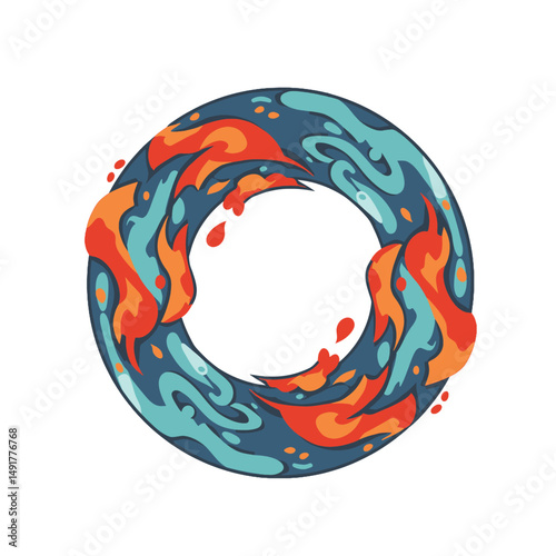 Circular Design With Fiery Orange Teal Pixelated Flames