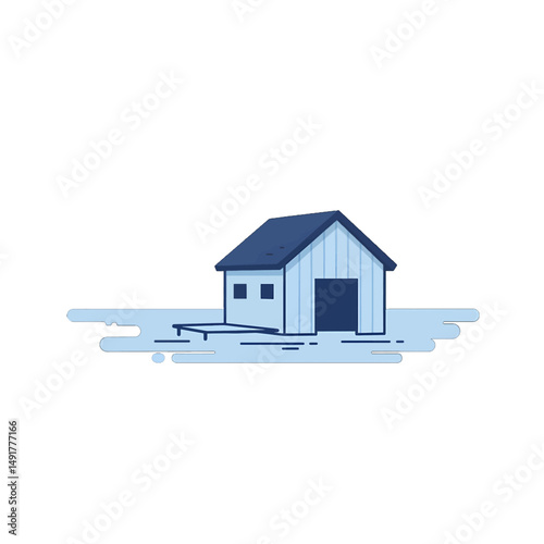 Simple Blue Wooden House On Water Illustration