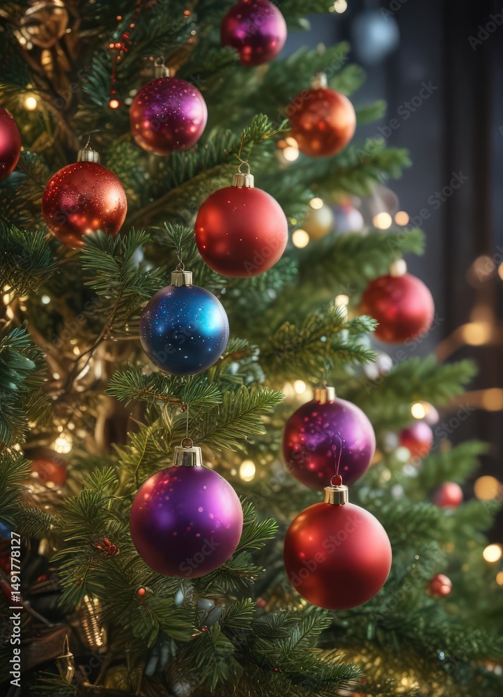 Naklejka premium Vibrant baubles adorn a Christmas tree, bokeh lights glow , dazzling, sparkle