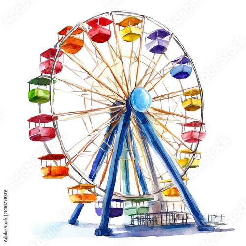Ferris Wheel Model In Motion, watercolor painting vector, high quality, isolated on a white background.