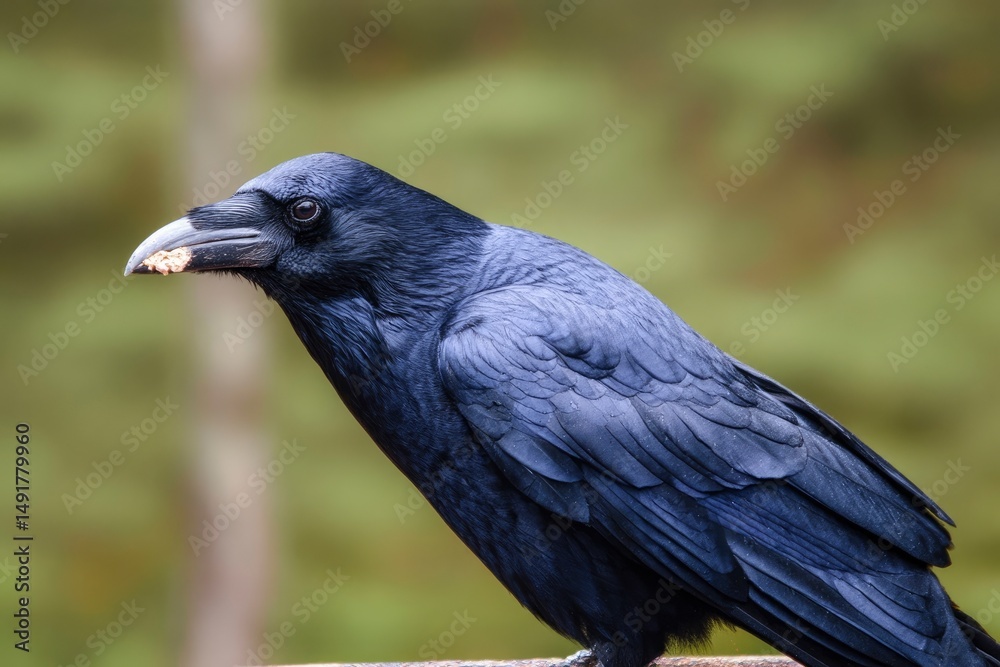 Obraz premium Raven Holding Food in Beak Looking Alert in Natural Setting