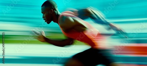 Young Black male runner in mid-stride, athletic build, intense focus. Profile view with motion blur, vibrant teal and green tones. Cinematic, high-contrast image capturing speed, energy, and active li