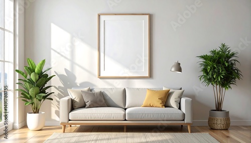 Modern Minimalist Living Room Interior Design with Plants and a Blank Frame