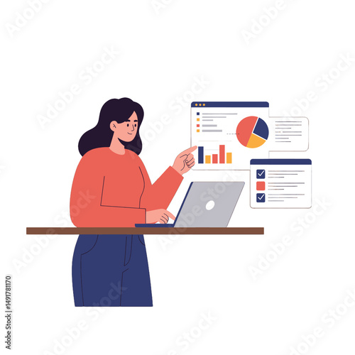 Woman Analyzing Data With Laptop In Pixel Art Style