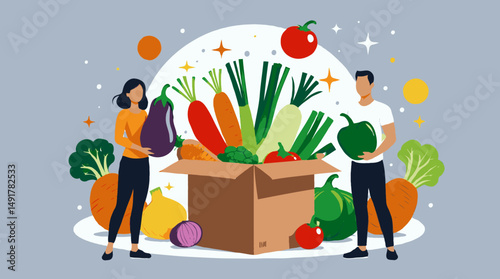 Healthy food and grocery shopping characters vector illustration