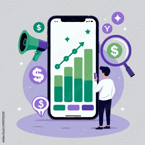 Content creator analyzing marketing data and engaging audience vector illustration
