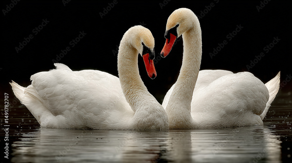 Obraz premium Two ducks peacefully floating on a calm lake, surrounded by natural reflections and serene water. A tranquil wildlife scene capturing nature, companionship, and the beauty of outdoor life.