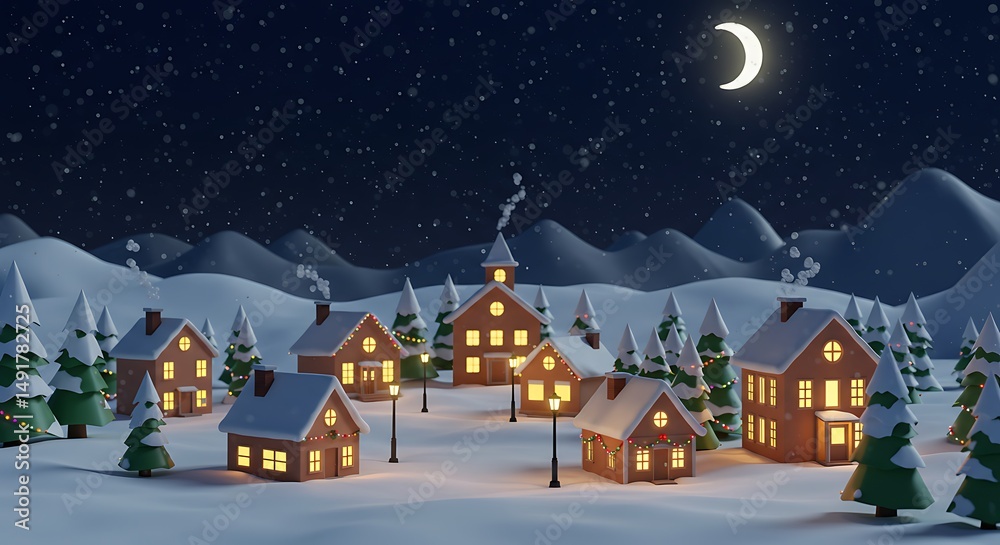 Naklejka premium Winter Village: A 3D Night's Glow