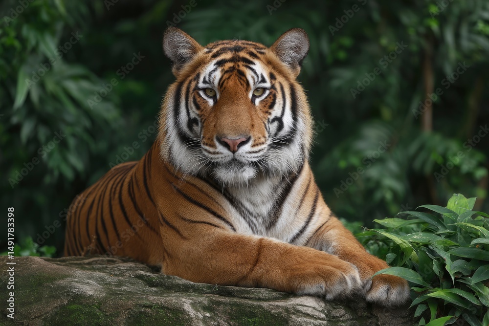 Resting Striped Cat Portrait Big Cat Relaxing on a Rock Resting Striped Cat Portrait Big Cat Relaxing on a Rock