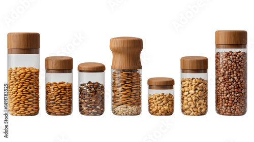 A variety of dried legumes and nuts are displayed in matching glass jars with light wood lids on white background.