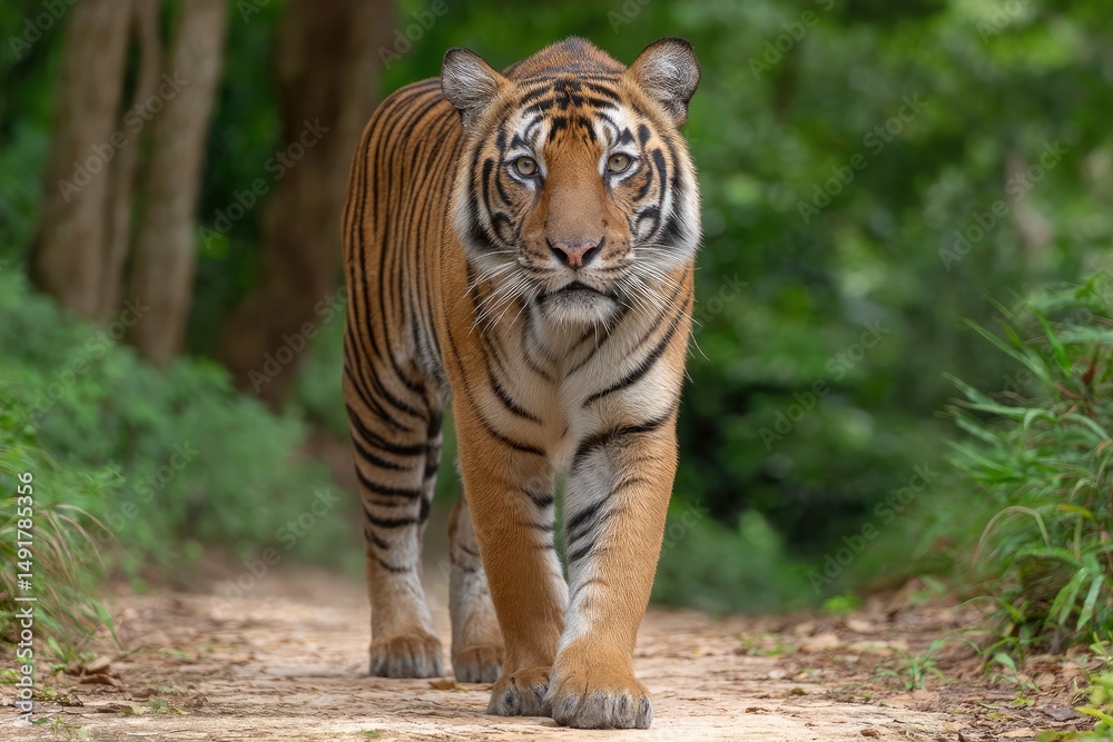 Obraz premium Tiger Walking on Path in Forest Looking at Camera