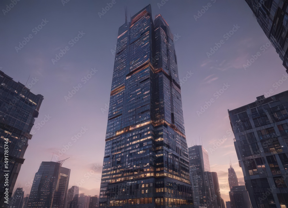 Fototapeta premium Sleek skyscraper rising, day to night timelapse , day, futuristic