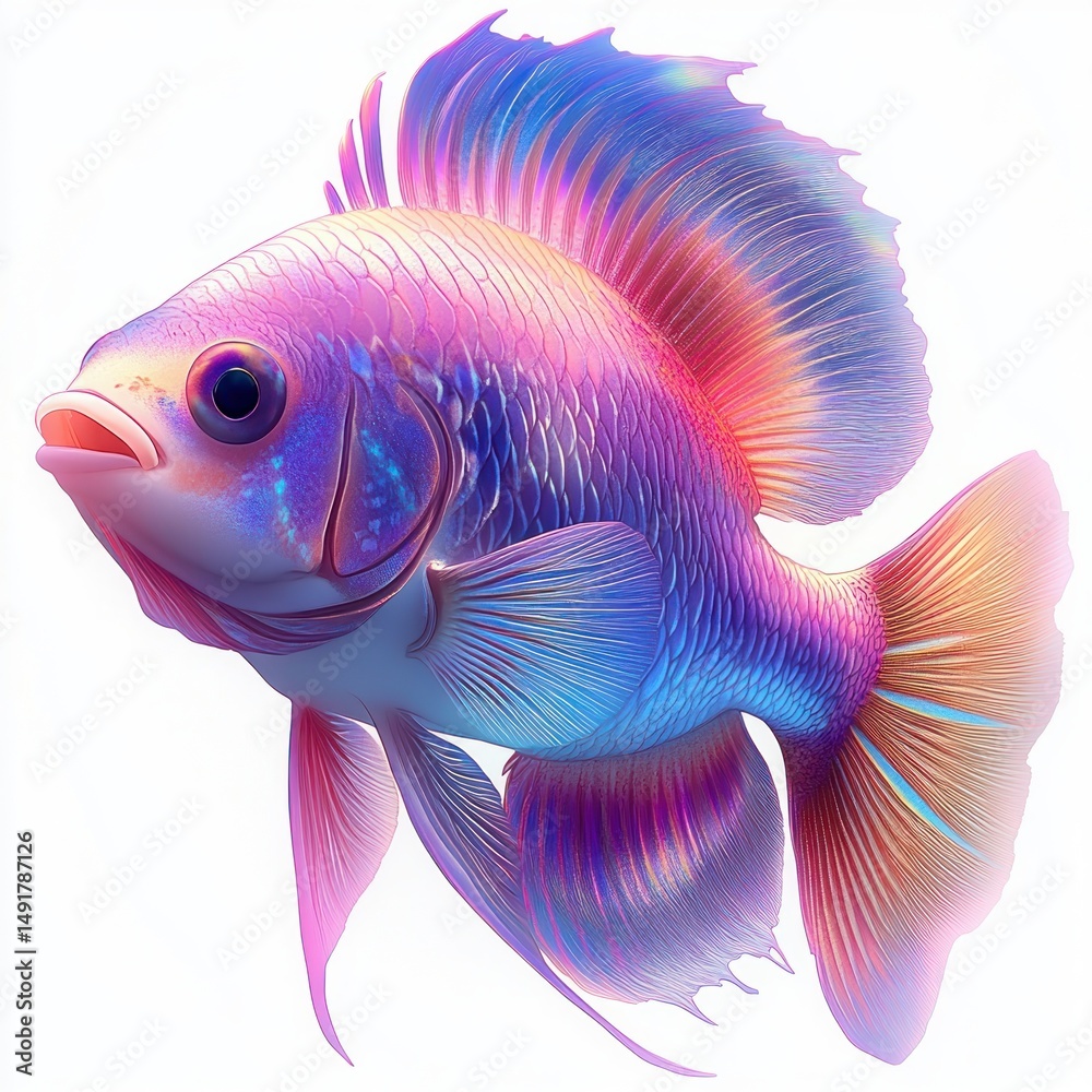 Colorful tropical fish with iridescent scales and flowing fins in shades of pink, blue, and purple against a white background, evoking a serene aquatic mood Colorful tropical fish with iridescent scales and flowing fins in shades of pink, blue, and purple against a white background, evoking a serene aquatic mood