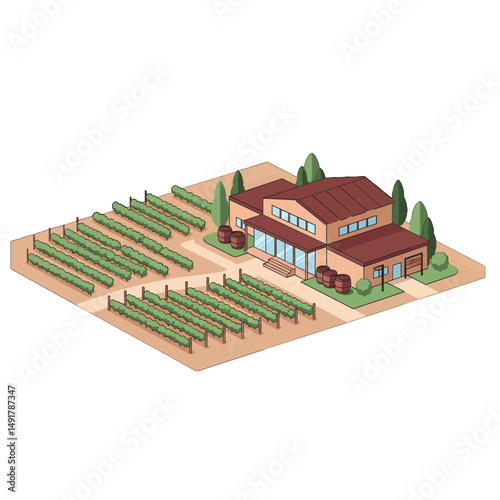 Isometric Vineyard Farm Building Illustration