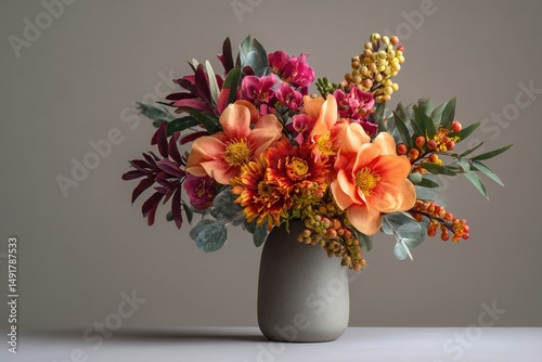 Wallpaper Mural on a neutral background, a beautiful bouquet of flowers is displayed in a gray vase. it makes a great gift idea for mother's days or father's days. High quality Torontodigital.ca