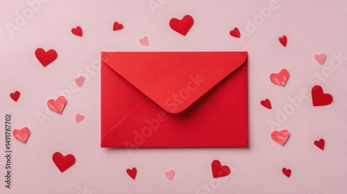 Red envelope with hearts,  a love note concept