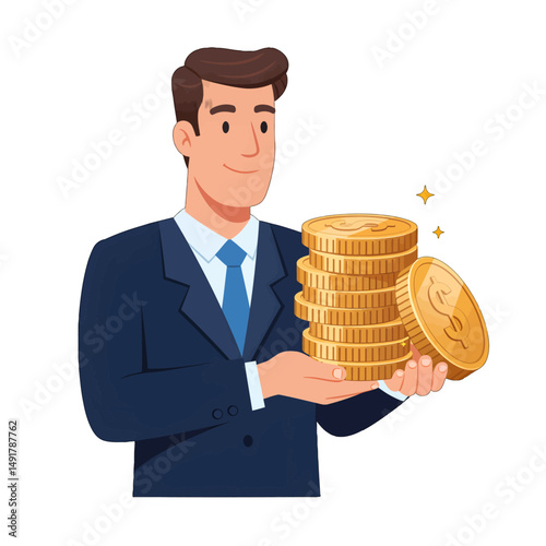 Businessman Holding Stack Of Gold Coins