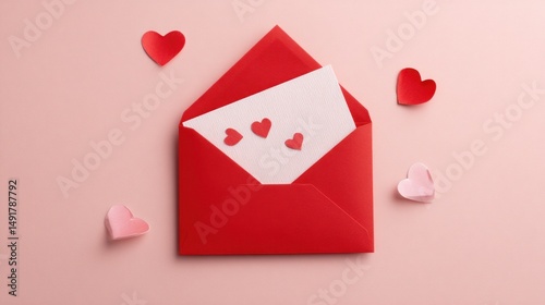 Red envelope with a white card and small red hearts